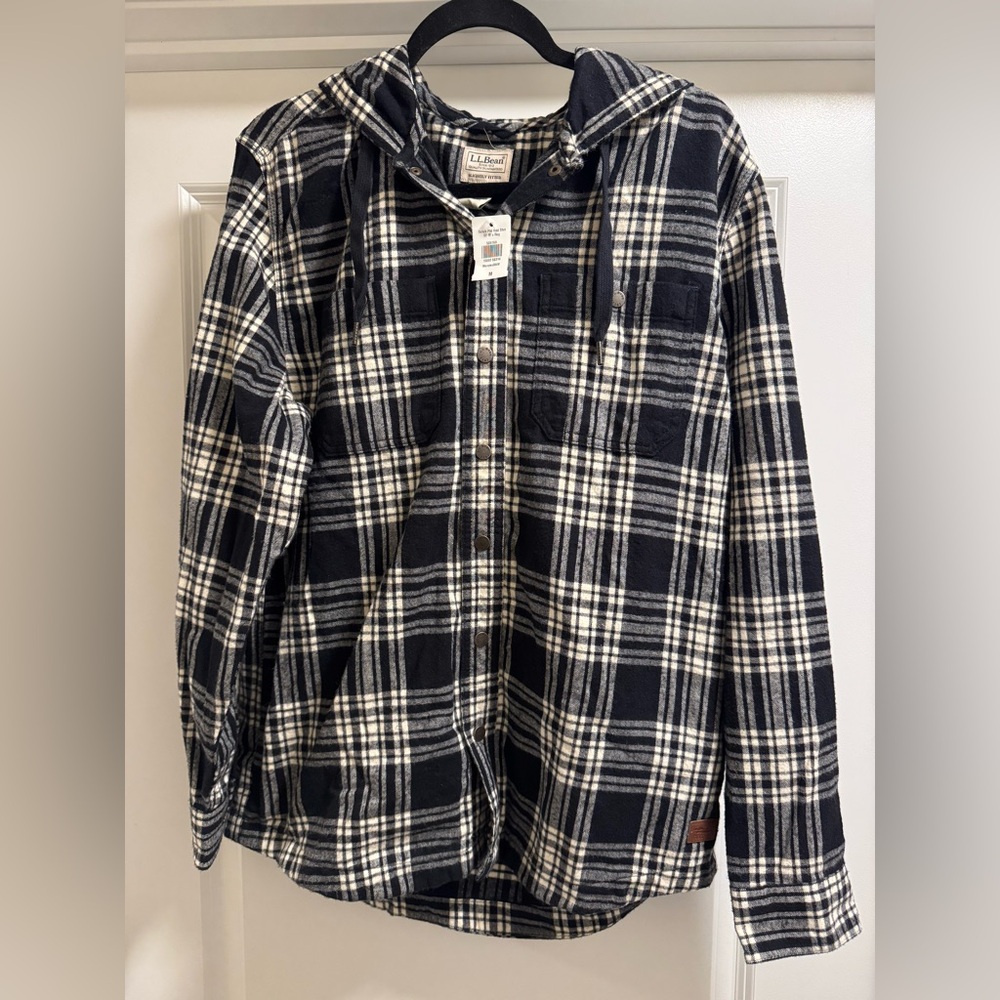 L.L. Bean Plaid Hooded Shirt - Black and White